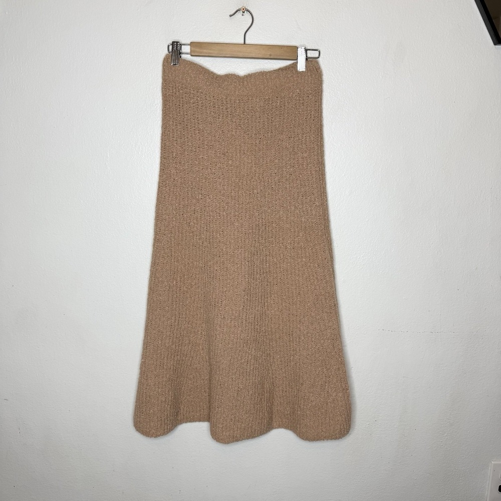 New Mango Rib Flare Beige Soft Midi Pull On‎ Skirt Minimalist Women's Small